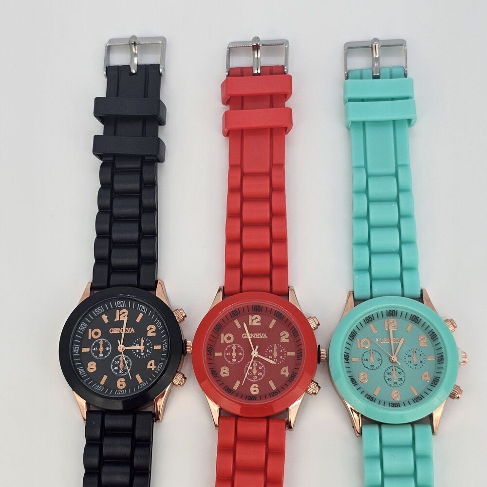 3X Analog Women's Fashion Watches 38MM Black Red Teal Dial Plastic Band Straps